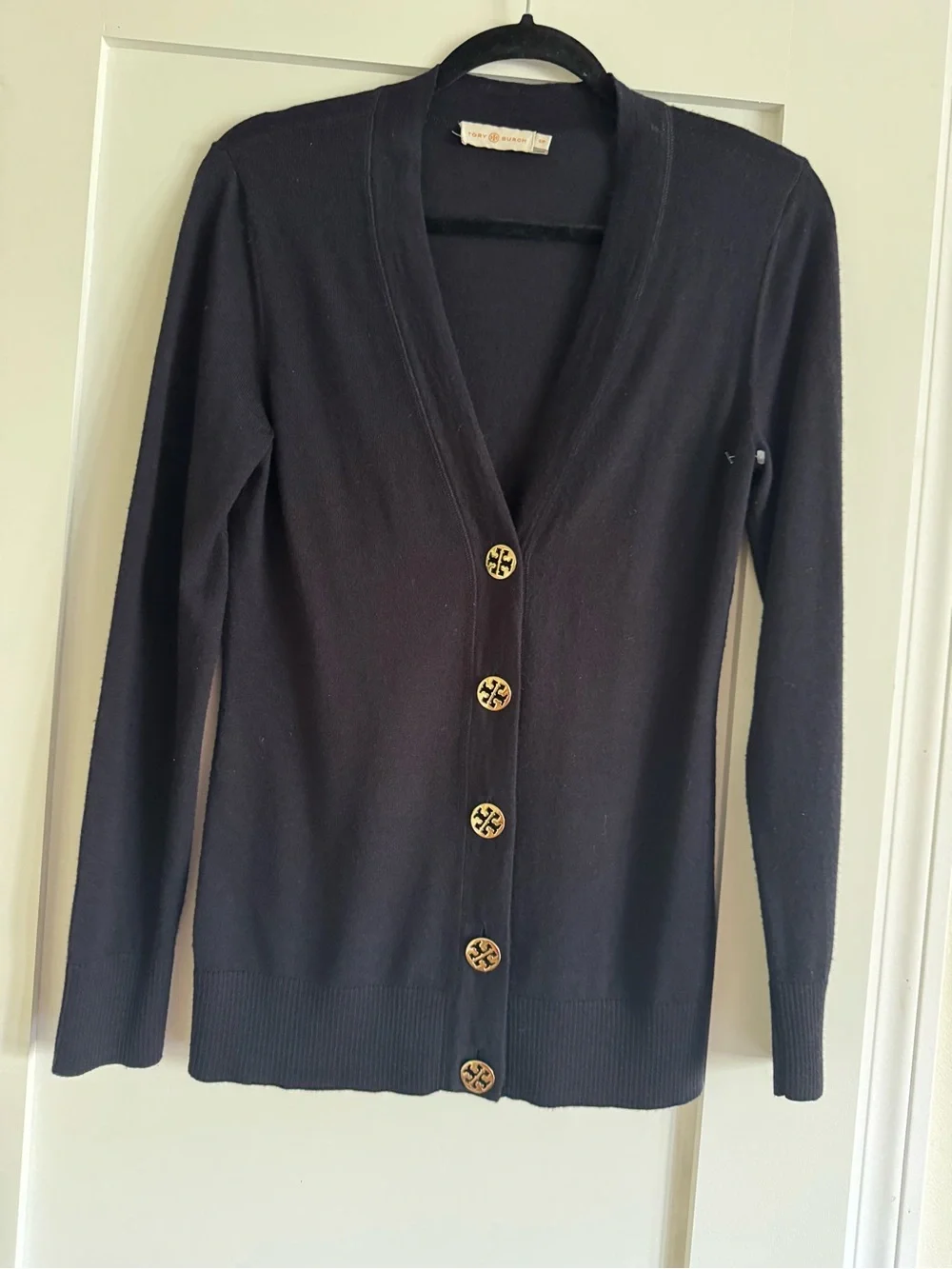 Tory Burch Navy V-Neck Cardigan with Gold Logo Buttons